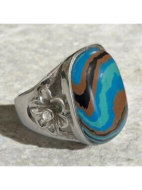 Blue Cassilica Stone Ring Size 8.75 With Floral Silver Tone